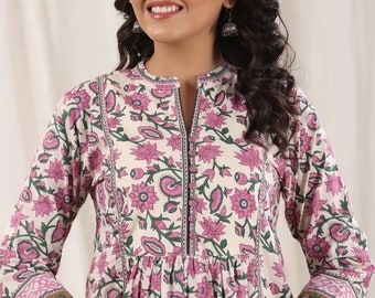 Peplum top-Floral Kurti in Hand block Pure Cotton-Women’s Kurta-Indian Tunic-Autumn-Summer Blouse-casual-Occasional-Sustainable