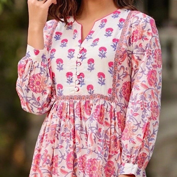 Tiered Summer dress in Hand Block print Pure cotton-Long Sleeves-Pink Floral Midaxi-Bohemian-Casual-occasional-Vintage vibe-Sustainable