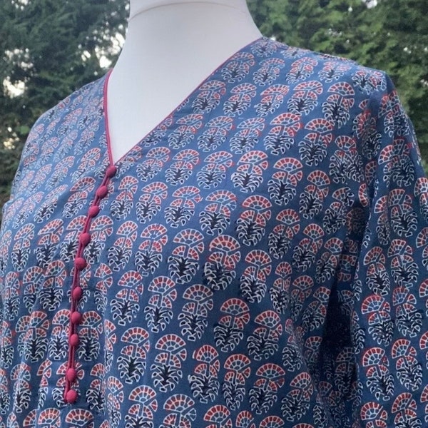 Ajrakh Hand Block printed pure cotton long A-line kurta-Dress-Indian Tunic-Indigo Eco dyed dress-Pocket-casual-Occasional-Plus size