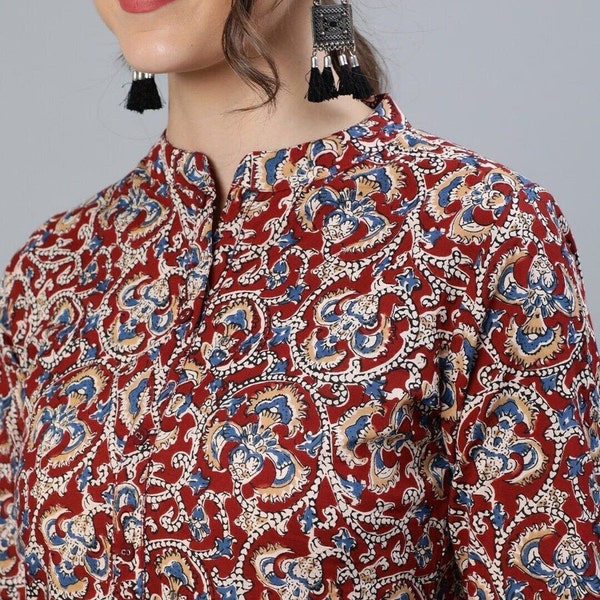 Block Print Tunic/Kurti in Pure Cotton-Eco dyed-mandarin collar-Ethnic print Women’s Kurta-Tunic top-Summer-casual-Occasional-sustainable