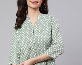 Tunique à imprimé blocs de main-Kurti en pur coton-Vert froid-Imprimé ethnique indien Kurta pour femme-Chemisier décontracté printemps-été pour femmes-Col-durable