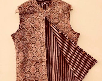 Quilted Reversible Nehru Jacket-Ethnic hand block print-Red-Brown -pockets-Indian waistcoat in cotton-winter-comfy-Gift