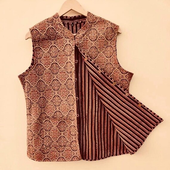 Quilted Reversible Nehru Jacket ethnic Hand Block Print red brown