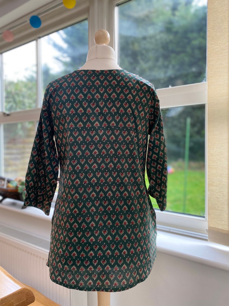 Handblockdruck Tunika-Kurti aus reiner Baumwolle-Grüne kleine florale Rundhalsbluse-lässig-Indischer Ethno-Druck-nachhaltig-Urlaub Bild 6