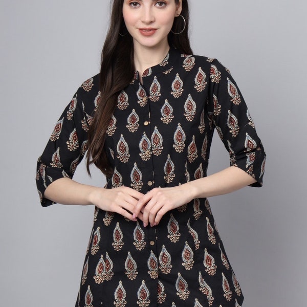 Block Print Tunic/Kurti in Pure Cotton-Black-white-Ethnic print-Collar-Women’s Kurta-Tunic top-Summer-casual-Occasional-sustainable