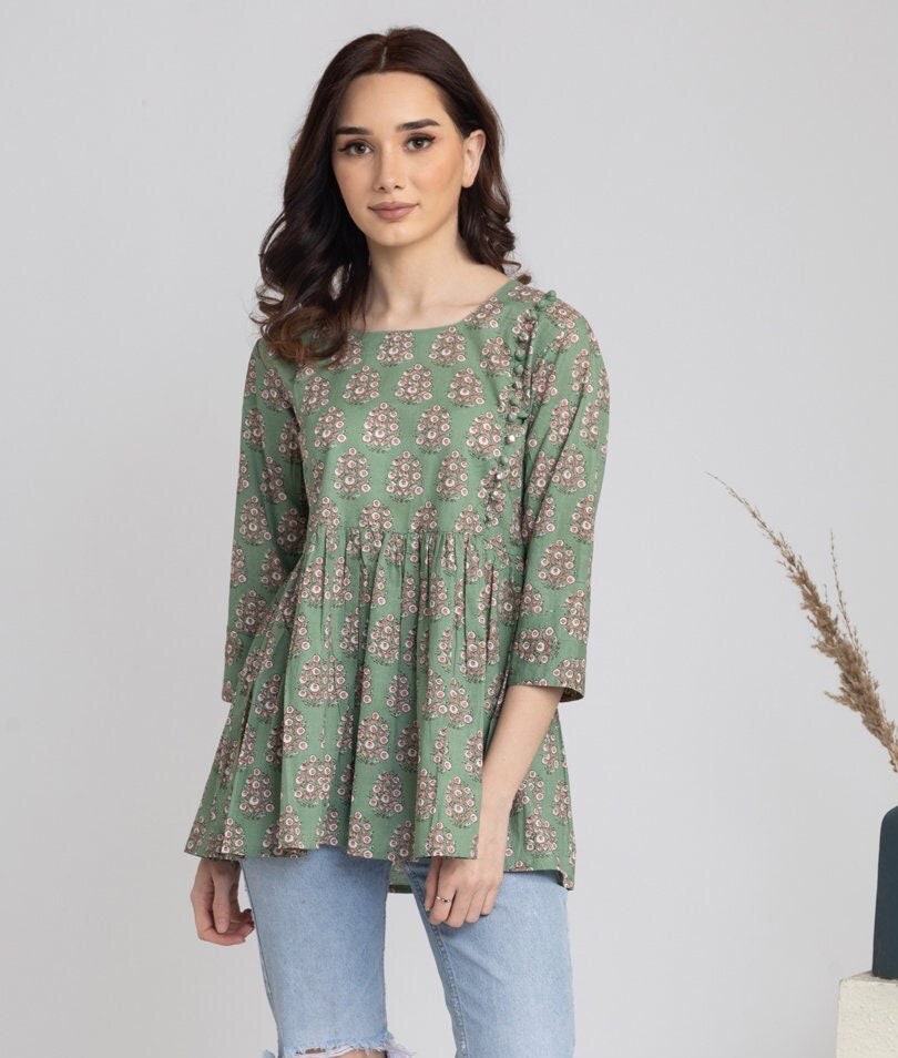 Indian Summer Tops Tees Women Blue Printed Empire Top A-line Tunic