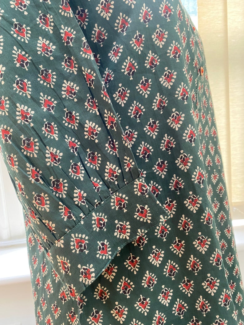 Handblockdruck Tunika-Kurti aus reiner Baumwolle-Grüne kleine florale Rundhalsbluse-lässig-Indischer Ethno-Druck-nachhaltig-Urlaub Bild 3