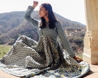Robe/Kurta Anarkali vert-bleu en pur coton imprimé main bloc-empiècement-bordure vintage-robe indienne ethnique-durable-M-4XL