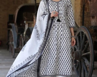 Gauri Kurta Set-Handblockdruck reine Baumwolle Kurta mit solider weißer Hose & bedrucktem Dupatta-Indisch-Ethno-Sommer-Casual-Gelegentlich