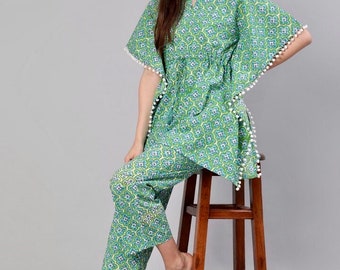 Short Kaftan & Pyjamas set in Hand block print Pure Cotton-elastic waist Pyjamas-pockets-casual-Holiday-Comfy Coord set-Gift for her