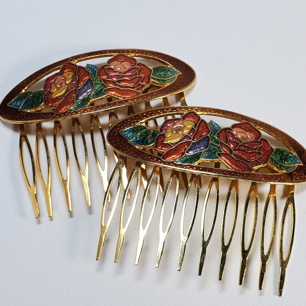 Pair of Vintage Cloisonne Hair Combs - Floral - Double Roses - 1980s