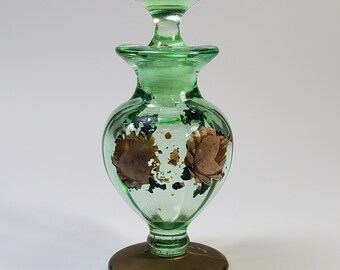 Vintage Handpainted Green Glass Perfume Bottle.