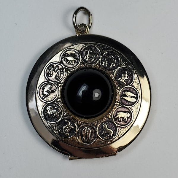 Vintage Zodiac Locket - Holds 2 photos - Astrological Signs - Black Cabachon