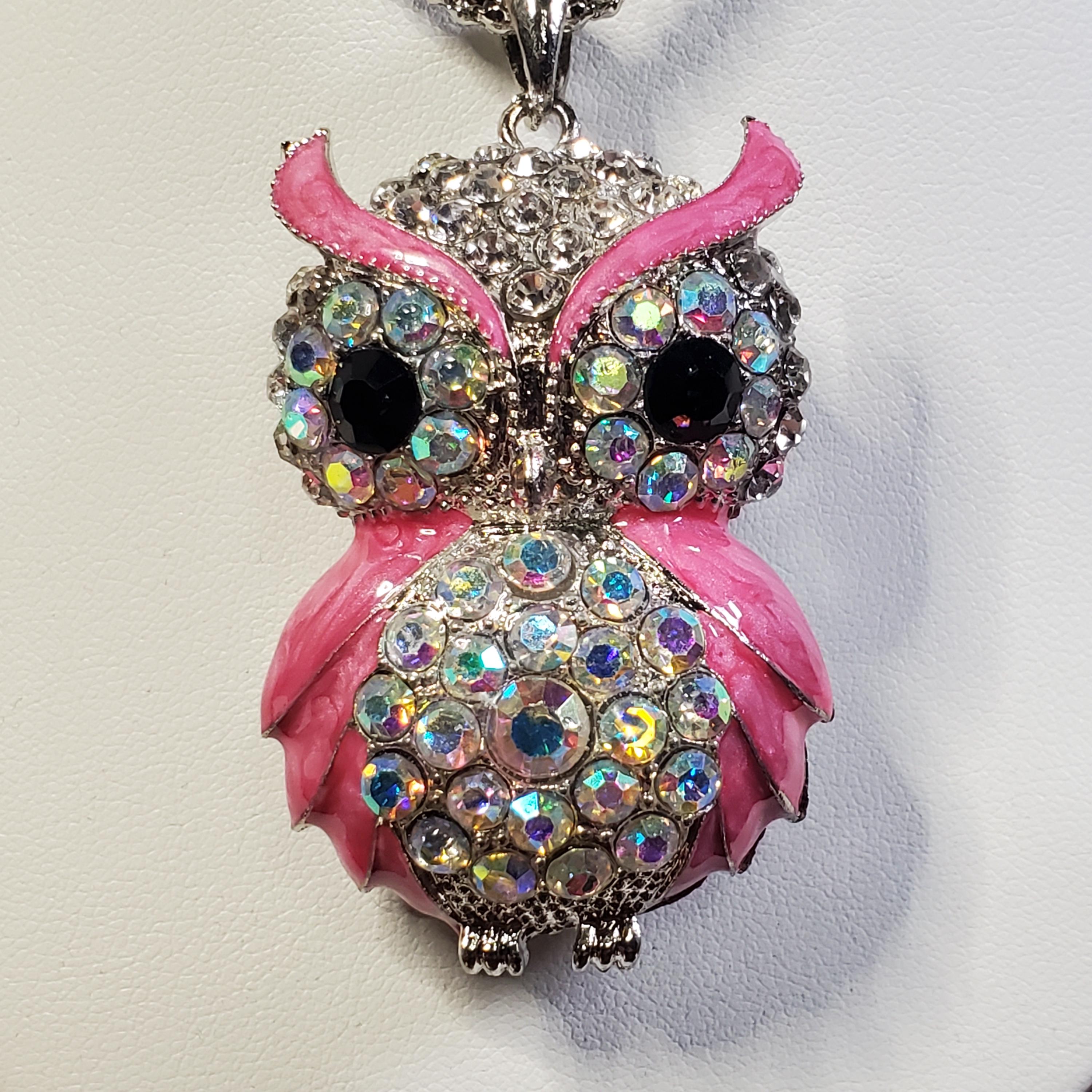 Vintage Y2K Betsey Johnson Owl Necklace - Silver Tone w/ Pink Enamel and AB and Clear Rhinestones