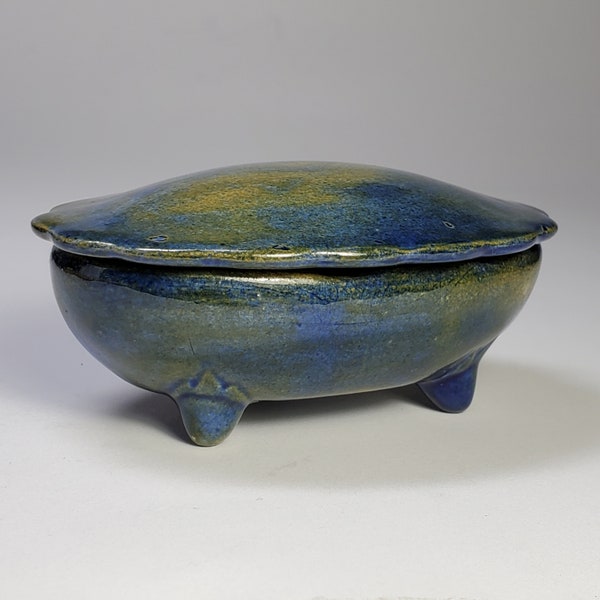 Unique Mini Blue and Green Pottery Trinket Dish with Lid
