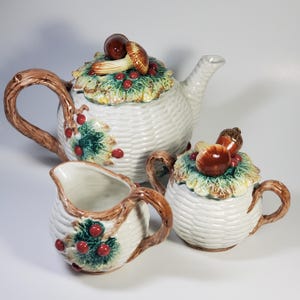 1991 Fitz & Floyd Collectible Winter Woodland Teapot Set with Creamer and Sugar Bowl - Acorns and Mushrooms