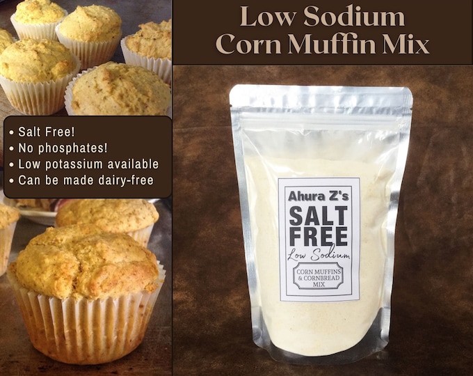 Low sodium corn muffin/cornbread mix. Makes one dozen muffins. Add eggs, butter and milk.  Low potassium available!  Contains no salt.