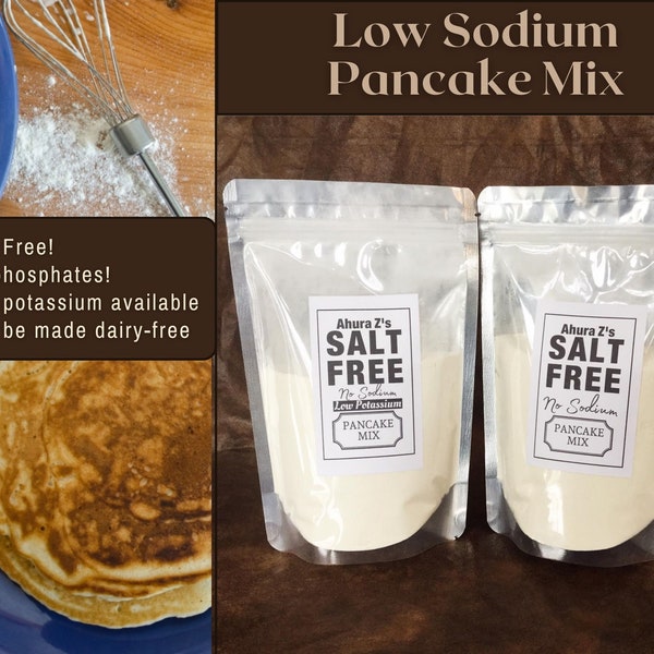 Low sodium pancake or waffle mix. Makes 12 pancakes / flapjacks / waffles. Add milk, eggs and butter.  Low potassium available!  No salt.