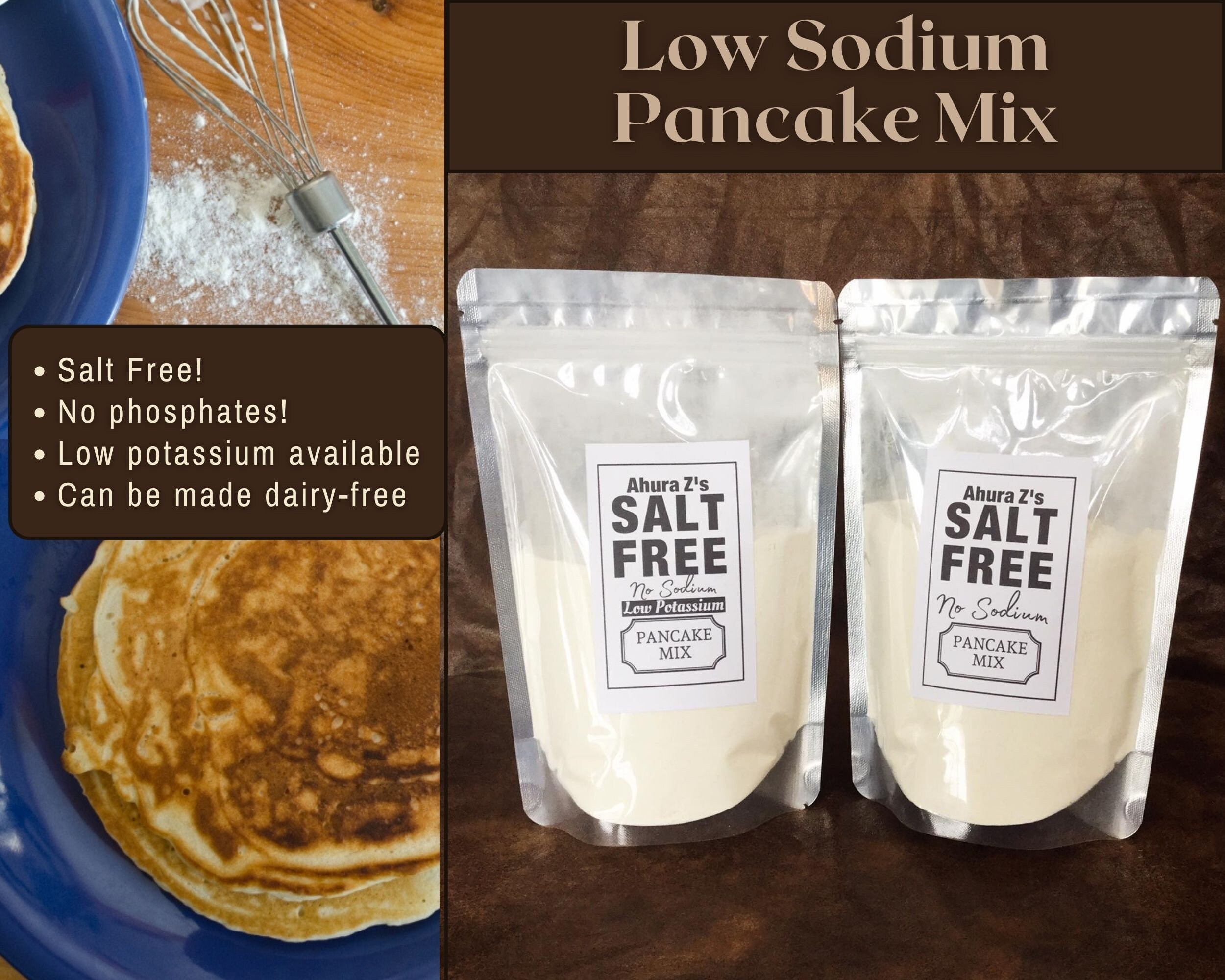 Low sodium pancake or waffle mix. Makes 12 pancakes / flapjacks
