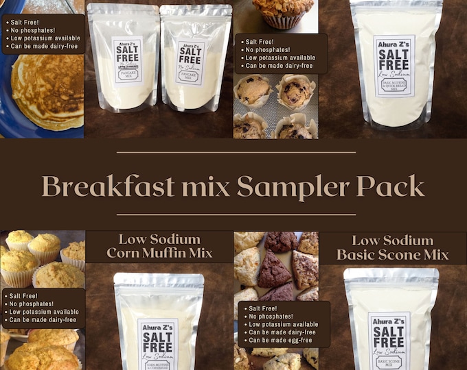 Breakfast mix Sampler Pack: contains one of each of our delicious salt-free breakfast baking mixes.  Low sodium and low potassium available