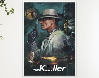 Puede incluir: Póster enmarcado con una ilustración cinematográfica de un hombre con sombrero que sostiene un arma. El póster, titulado "The Killer", tiene una paleta de colores oscuros y presenta figuras en motocicletas y en el fondo.