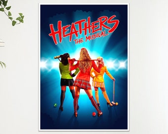 May include: Poster for the musical "Heathers." The title is in red, stylized text above the words "The Musical." Three figures in colorful outfits are holding croquet mallets. The background is a blue gradient with bright light effects.