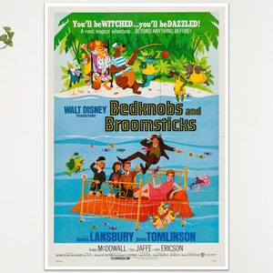 May include: A colourful vintage movie poster for Disney's "Bedknobs and Broomsticks". The poster displays illustrations of characters and scenes from the film, with the text "You'll be WITCHED...you'll be DAZZLED!" and the film's title.