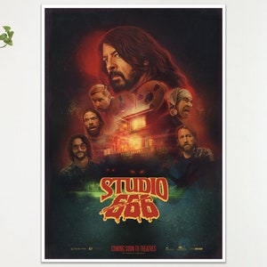 May include: A film poster for "Studio 666" with a group of men, set against a dark red and green backdrop. The title is in a dripping font, with the tagline "Coming Soon to Theatres". The poster has a vintage, horror movie aesthetic.