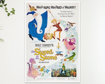 May include: A framed poster for Walt Disney's "The Sword in the Stone" movie. The colorful illustration features Merlin, Arthur, and other characters. The title and "Technicolor" are visible. The poster is displayed on a white wall.