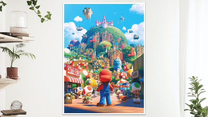 Puede incluir: Una ilustraci&oacute;n vibrante y detallada de un paisaje urbano tem&aacute;tico de Mario. La obra presenta a Mario en primer plano, frente a una bulliciosa ciudad con edificios en forma de hongo, un castillo en una colina y la palabra "Antiques" en una tienda.
