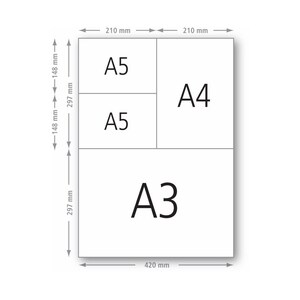May include: Diagram showing paper sizes A3, A4, and A5, with dimensions in millimeters. The A3 paper is 420 mm wide and 297 mm high. Two A5 sheets are stacked, each 148 mm high. An A4 sheet is 210 mm wide and 297 mm high.