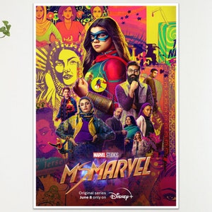 May include: A colourful poster for the Marvel Studios series, Ms. Marvel, featuring a collage of characters in vibrant attire. The poster includes the show's title and release information, with a dynamic design and a focus on the main character.