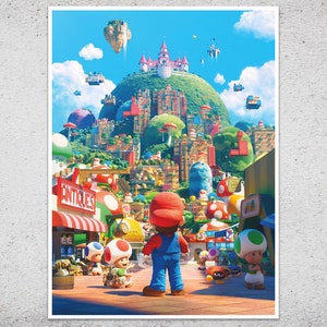 Puede incluir: Un p&oacute;ster vibrante con una ilustraci&oacute;n detallada de un paisaje urbano fant&aacute;stico con una gran colina verde coronada por un castillo rosa. Mario est&aacute; en primer plano, mirando a la ciudad. La palabra "ANTIQUES" es visible en una tienda.