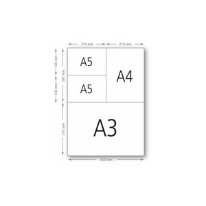 May include: Diagram showing the dimensions of A3, A4, and A5 paper sizes. The A3 paper is 420 mm wide and 297 mm high. The A4 paper is 210 mm wide and 297 mm high. Two A5 papers are 148 mm high and 210 mm wide.