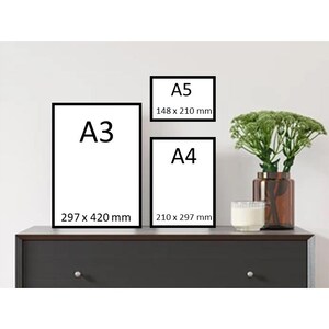 Puede incluir: Tres impresiones art&iacute;sticas enmarcadas, etiquetadas A3 (297 x 420 mm), A4 (210 x 297 mm) y A5 (148 x 210 mm), se exhiben sobre una c&oacute;moda marr&oacute;n oscuro. Un jarr&oacute;n con follaje verde y una vela tambi&eacute;n est&aacute;n sobre la c&oacute;moda.