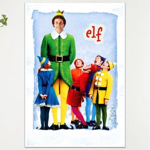 May include: A poster for the film "Elf" featuring a group of people dressed as elves. The central figure wears a green suit, and the word "elf" is in red text. The background has a blue watercolour effect.