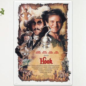 May include: A vintage movie poster for the film "Hook", starring Robin Williams and Dustin Hoffman. The poster has a sepia tone and features illustrations of characters and scenes from the movie. The title "Hook" is displayed in a prominent position.