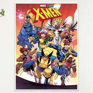 May include: A rectangular poster featuring the Marvel Studios X-Men '97 logo at the top. The artwork displays a group of comic book characters including Wolverine, Cyclops, Beast, Storm, Rogue, Gambit, and others in a dynamic action pose.