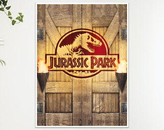 May include: A framed poster featuring the "Jurassic Park" logo. The logo includes a red circle with a dinosaur silhouette, the words "JURASSIC PARK," and torches on either side. The background is a wooden door.