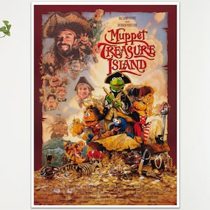 May include: A framed poster for "Muppet Treasure Island" features a collage of Muppet characters dressed as pirates. The poster has a maroon border and includes the film's title in a stylized font, with images of treasure and a pirate ship.