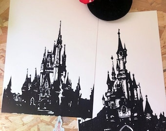 Disneyland París y Disney World Orlando Castle Linograbado - Impresión manual. Disneyland París y Disney World - Impresión manual.