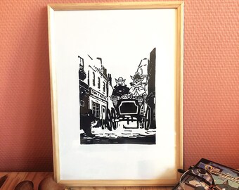 Linogravure Sherlock y Watson en Tacot - Sherlock Holmes - Impreso a mano. Linocut Sherlock y Watson en un estampado hecho a mano