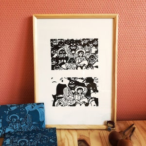 Linograbado Fio y los piratas - Porco Rosso/estudio Ghibli - Impreso a mano. Linograbado Porco Rosso/Ghibli - Impresión hecha a mano