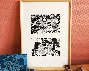 Linograbado de Fio y los Piratas - Porco Rosso/Studio Ghibli - Impresión manual. Linograbado de Porco Rosso/Studio Ghibli - Impresión manual.