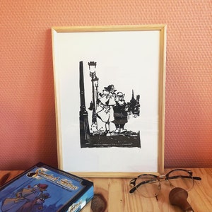 Sherlock Holmes Lingogravure - Impreso a mano. Linocut Sherlock Holmes - Impresión hecha a mano