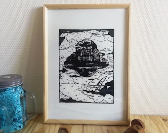 Grabado en linóleo Laputa - Castillo en el Cielo, Impresión manual. Grabado en linóleo Laputa - Castillo en el Cielo - Impresión manual.