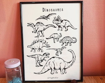 Linocut Dinosaurs - Natural history plate - Hand printed. Linocut Dinosaurs - Natural History poster