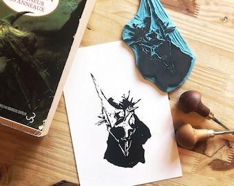 Linograbado del Rey Brujo de Angmar - El Señor de los Anillos - Impresión hecha a mano.