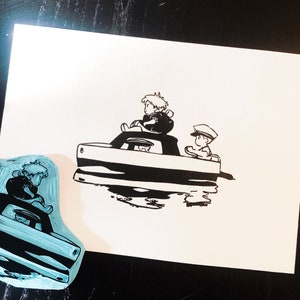 Linogravure Ponyo & Sosuke - Ponyo sur la falaise - Imprimée à la main. Linocut Ponyo and Sosuke - Ponyo on the cliff - Handmade print