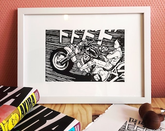 Linograbado Akira 02 - Katsuhiro Otomo - Impresión manual. Linograbado Akira 02 - Impresión artesanal.